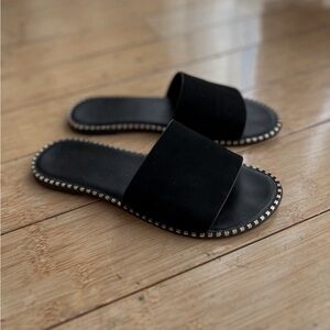 Black vegan suede & leather studded trim slide sandal